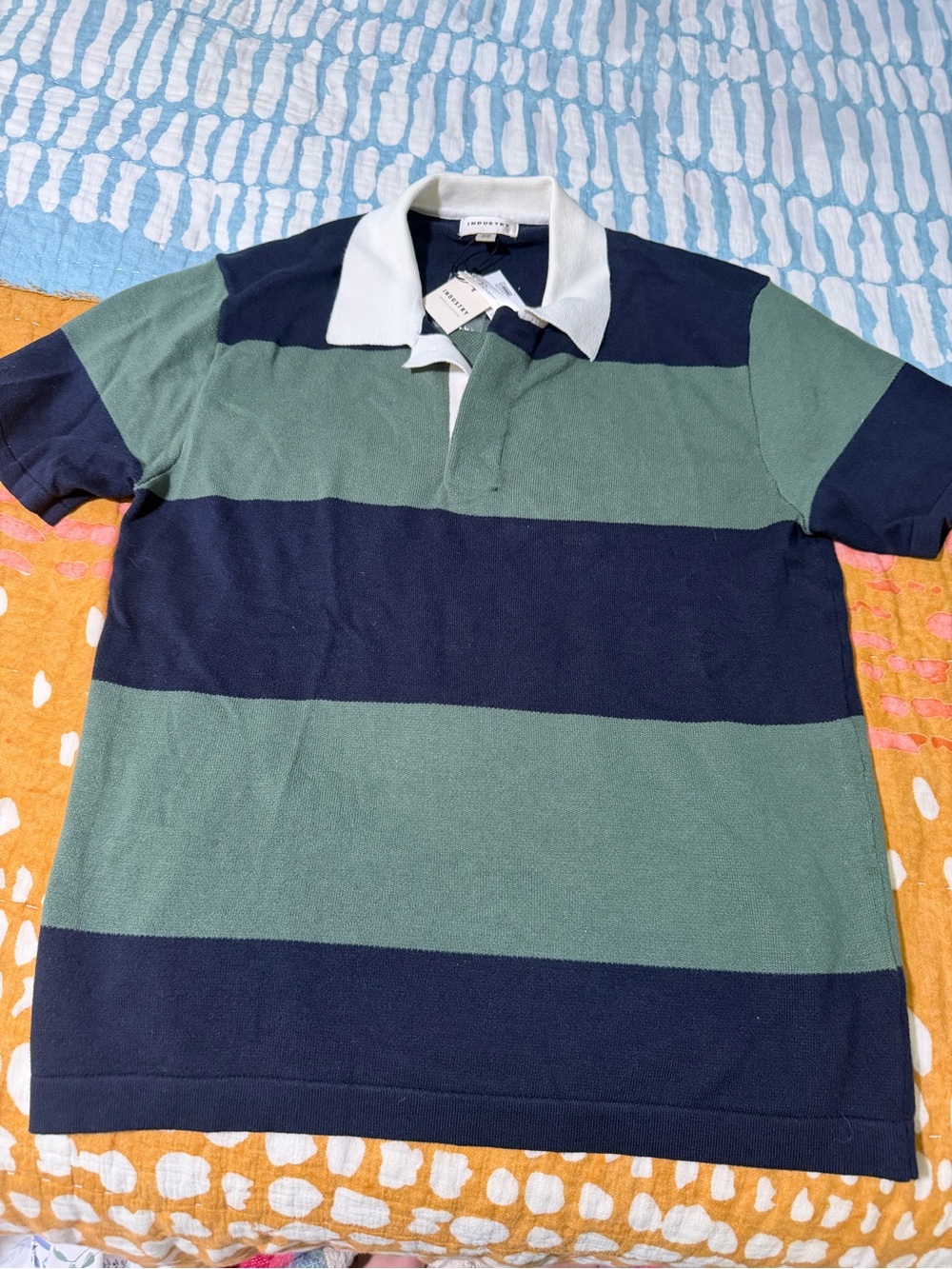 Striped Short-Sleeve Polo in Green & Navy with White Collar